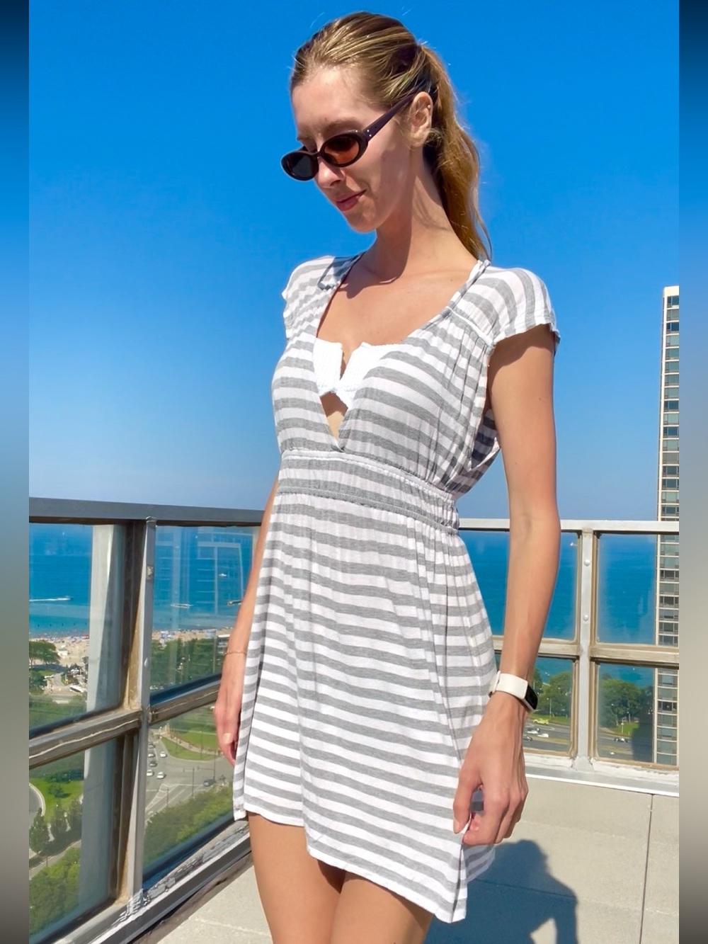 Gray and White Striped V-Neck Dress